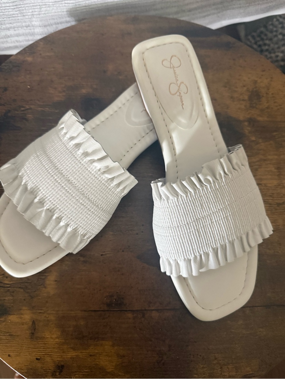 Jessica Simpson White Ruffle Slide Sandals